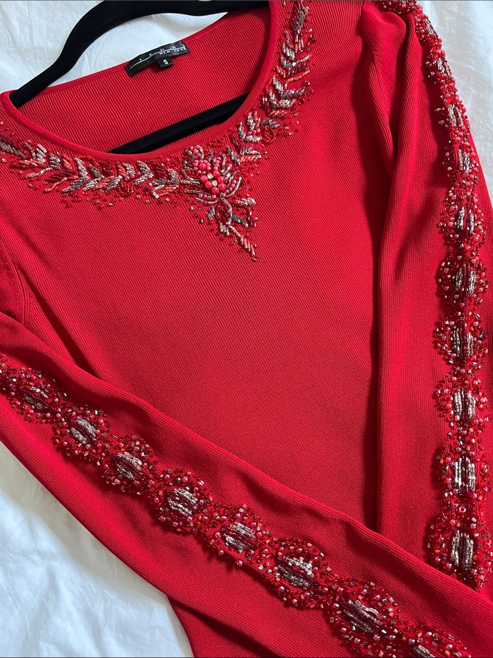 Pierri New York vintage bright red beaded embroidery long sleeve statement top